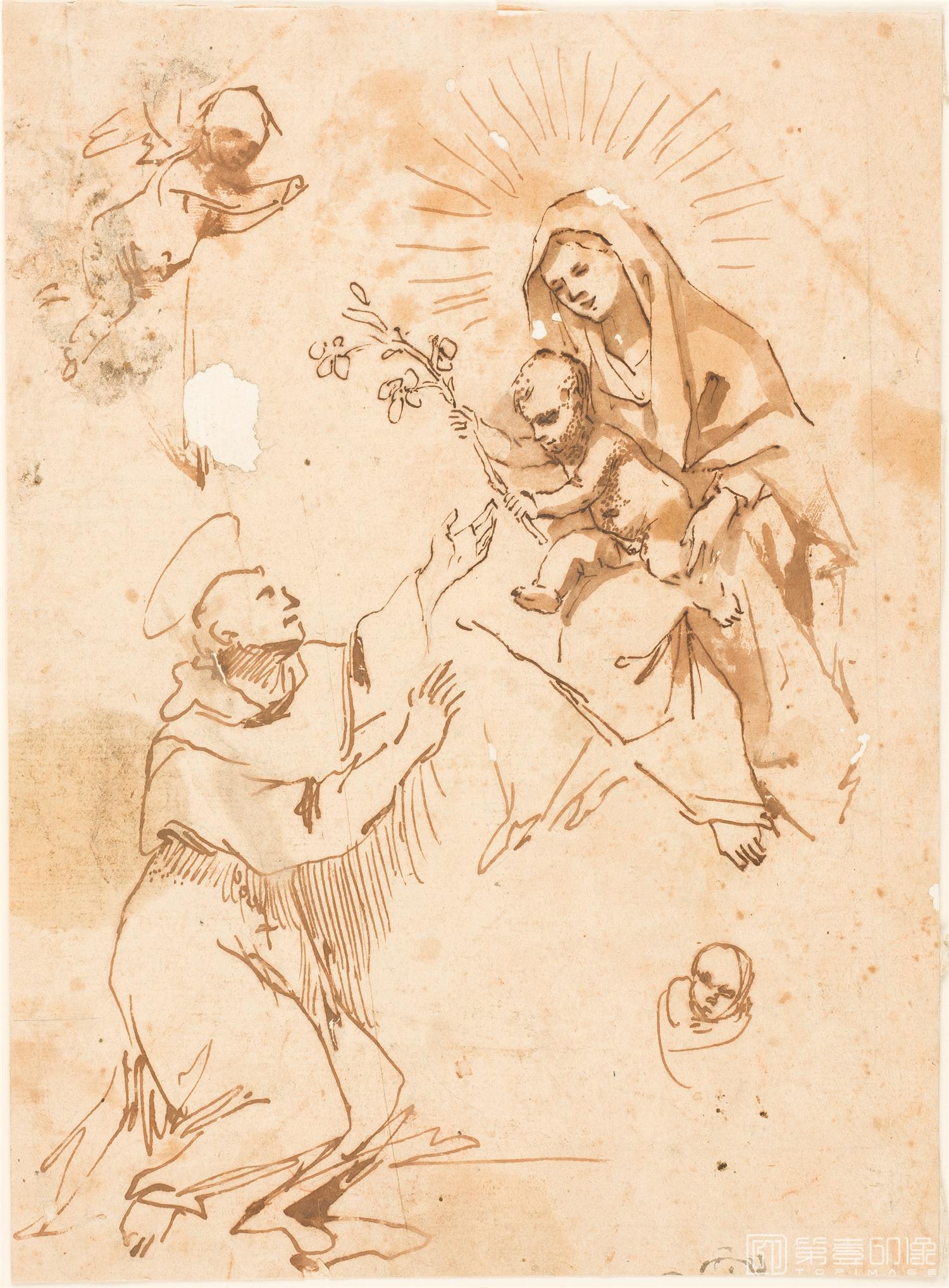 素描-西班牙普拉多美术馆素描藏画-Anonimo-La Virgen con el Nino se aparece a San Antonio de Padua-0349